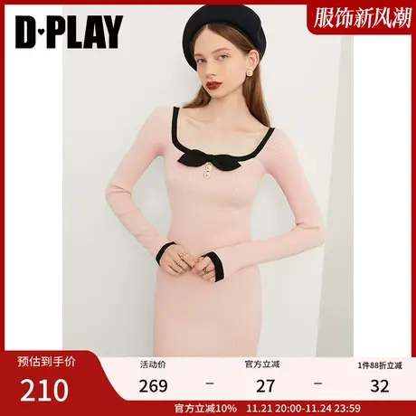 DPLAY秋装装新款包臀裙温柔公主复古方领橘粉长袖针织连衣裙女图片
