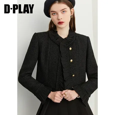 DPLAY【黑标】秋装新名媛风荷叶领边经典黑小香风粗花呢外套商品大图