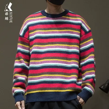 希越彩色条纹圆领针织衫秋冬款700g重磅男士毛衣宽松大码套头上衣商品大图