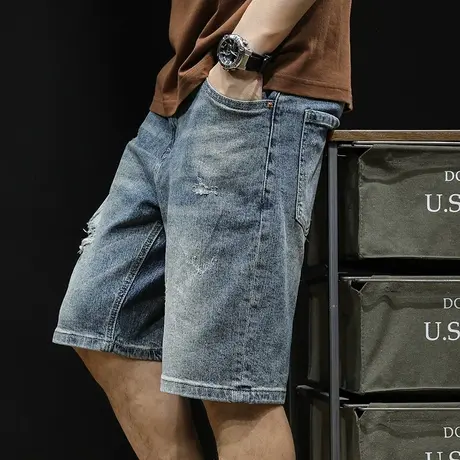 破洞牛仔短裤男士五分裤夏季潮牌2024新款宽松大码5分弹力裤子男图片