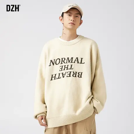 男士字母提花毛衣男圆领秋冬宽松慵懒风套头针织上衣宽松男款线衣商品大图