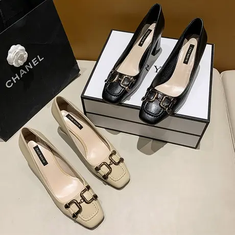 复古方头高跟鞋女春秋季2024新款小众女鞋不累脚女士皮鞋粗跟单鞋商品大图