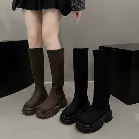 永希长筒靴女2023春秋季新款高级气质英伦风瘦瘦靴粗跟厚底弹力靴图片