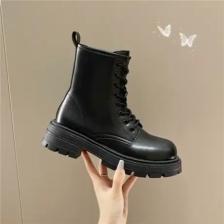 小跟短靴女黑色春秋单靴2023新款百搭英伦风高级感复古机车马丁靴商品大图