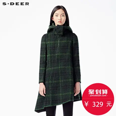 sdeer圣迪奥2018冬装学院格纹立领连帽不规则毛呢大衣女S15481819🚥图片