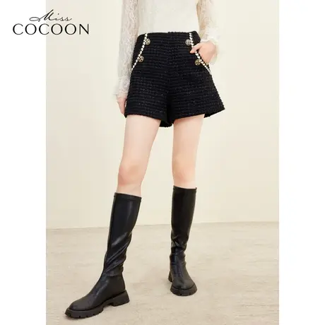 missCOCOON经典小香风质感2023冬装新款女撞色织带A字型宽松短裤商品大图
