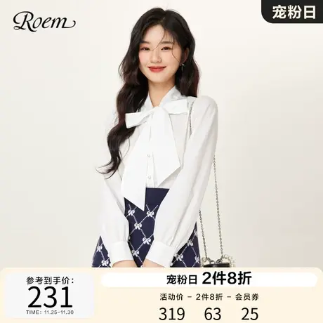 Roem春秋 商场同款气质飘带通勤甜美蝴蝶结长袖衬衫女雪纺衫商品大图