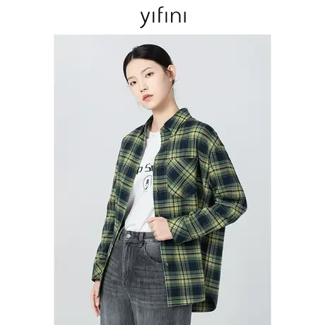 Yifini/易菲100%纯棉格纹学院风百搭衬衫女冬季新款休闲外套商品大图