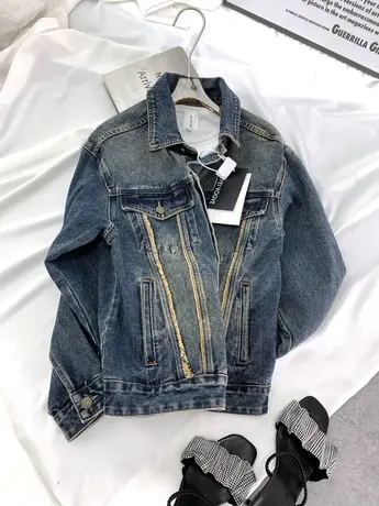 美式复古拼接牛仔外套女2023冬季新款显瘦百搭宽松街头polo领上衣图片