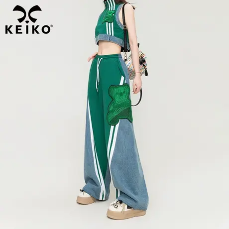 KEIKO 复古高街拼色牛仔裤女早秋新款辣妹运动休闲风高腰直筒长裤商品大图