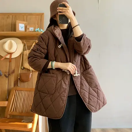 dza 复古中长款连帽菱格棉衣外套女冬新款宽松休闲保暖棉衣棉袄女图片