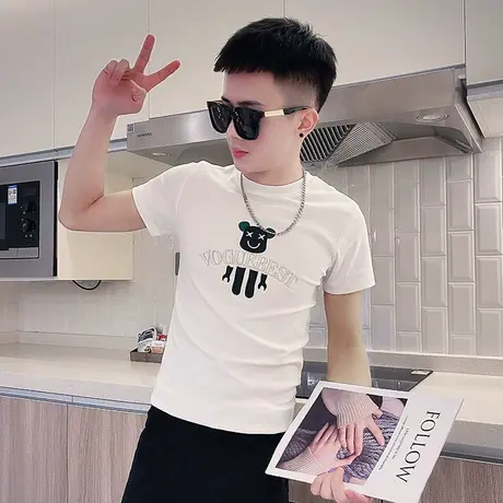 夏季男士t恤上衣短袖修身学生紧身潮牌百搭ins半袖潮流圆领体恤商品大图