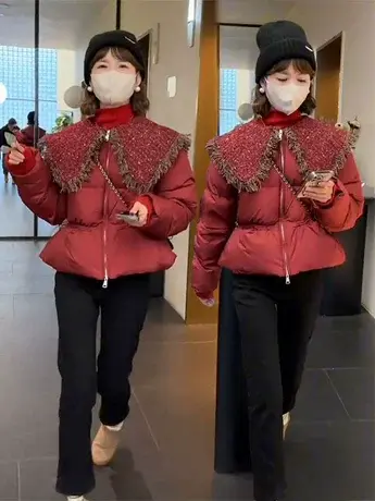 小香风娃娃领羽绒服女欧货2023冬季新款设计感加厚保暖白鸭绒外套商品大图