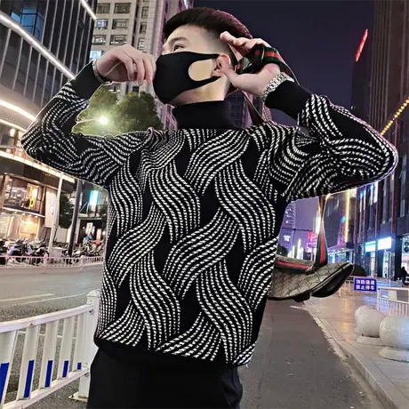 潮牌提花毛衣男痞帅秋冬季加厚打底衫长袖内搭花色2022新款针织衫图片