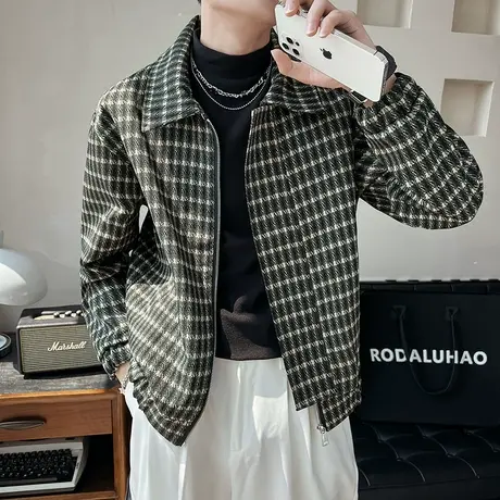 秋冬季时尚休闲格子微阔学生青少年潮牌网红机车外套ins男士夹克商品大图