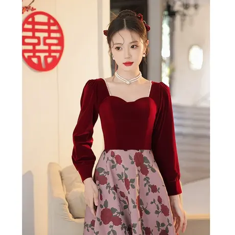 长袖敬酒服新娘秋冬季小个子订婚礼服连衣裙结婚回门便装玫瑰骑士商品大图