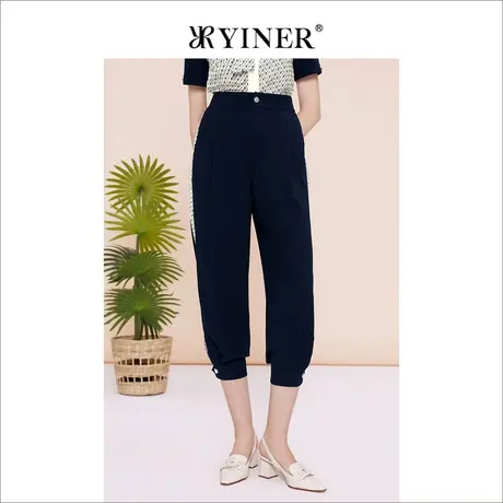 YINER音儿线上专选女装2023夏季印花拼接裤运动慵懒风七分裤商品大图