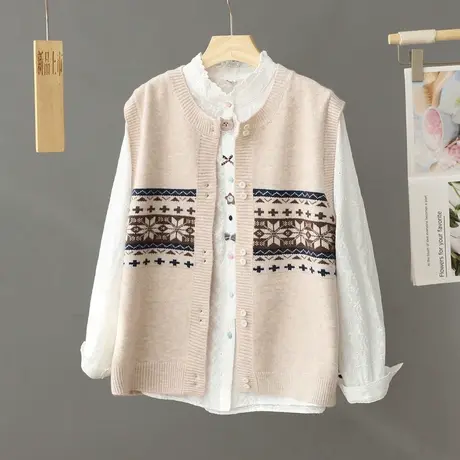 刺绣圆领针织马甲开衫女2024春季新款宽松学院风无袖外搭毛衣坎肩图片