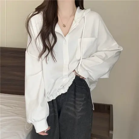 短款抽绳收腰连帽卫衣女薄款春装百搭宽松显瘦纽扣开衫上衣ins潮商品大图