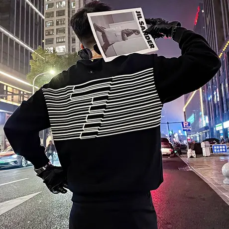 卫衣男春季新款小众撞色条纹休闲外套上衣设计感潮流长袖字母t恤商品大图