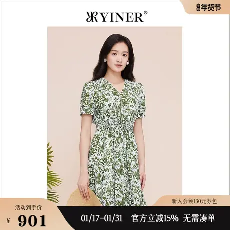 YINER音儿线上专选女装2023夏季复古V领印花收腰碎花连衣裙图片