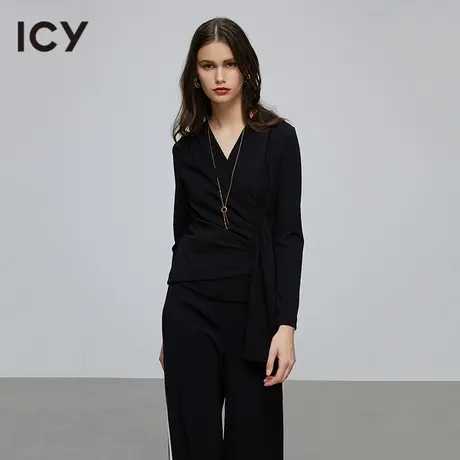 ICY女装新款简约侧边收褶V领上衣女修身长袖【EUNHEE CUI设计】图片