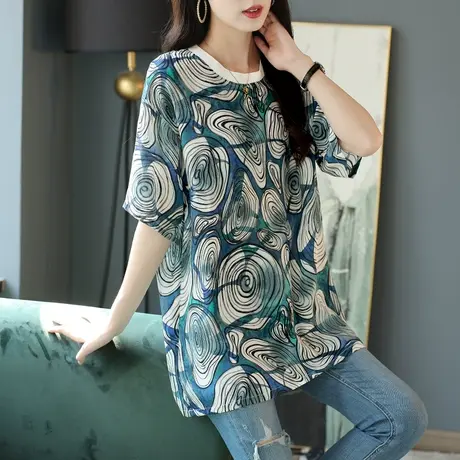宝诗黎中长款桑蚕丝上衣女2023年时尚印花短袖宽松T恤衫新款夏季图片