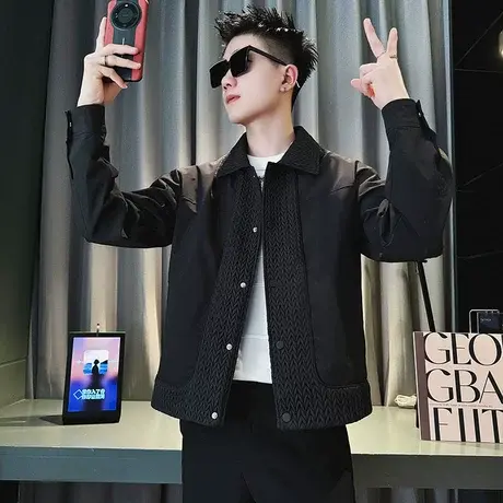 春季个性麦穗拼接高级感翻领外套男时尚轻熟百搭简约休闲男装夹克商品大图