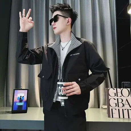 千鸟格拼接假两件立领夹克男春季新款潮牌褂子休闲高级感工装外套商品大图