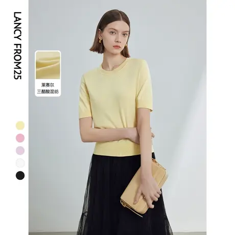 朗姿高级感气质显瘦圆领短袖上衣女2024春季新款内搭通勤毛针织衫图片