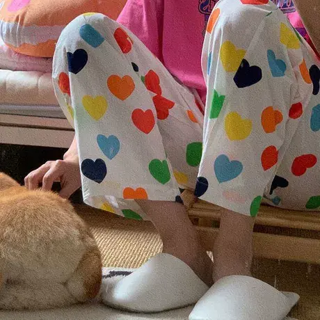 韩国东大门22新款ins风彩色爱心少女家居裤舒适睡裤休闲裤商品大图