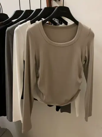 白色U领长袖T恤女2024春季新款设计感小众修身内搭打底衫短款上衣商品大图