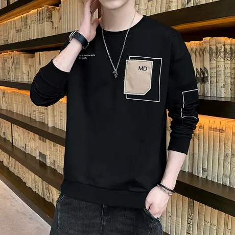 2023秋季新款圆领卫衣男士长袖体恤衫潮流时尚休闲百搭打底上衣服商品大图