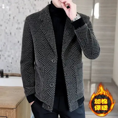 高端貂绒外套男士秋冬季潮流加棉加厚短款大衣时尚毛呢子夹克风衣商品大图