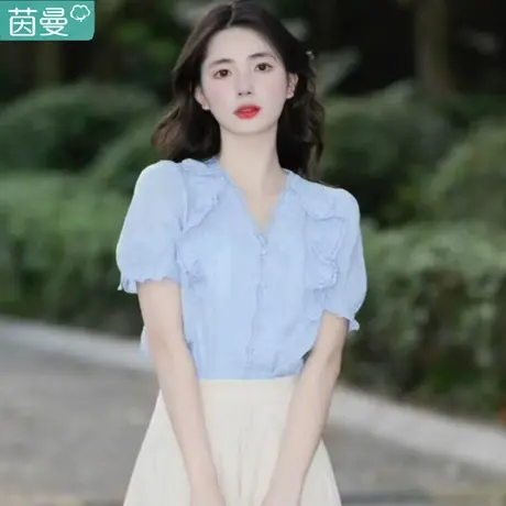 茵曼女装官方旗舰店甜美短袖衬衫纯棉衬衣2024年夏季新款法式上衣图片