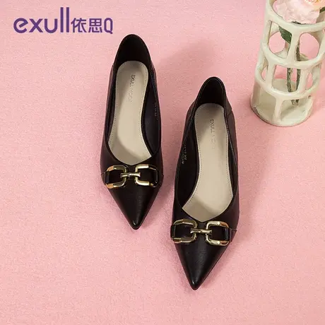 依思q高跟鞋女2024新款春季女鞋黑色皮面工作鞋气质细跟单鞋子女图片