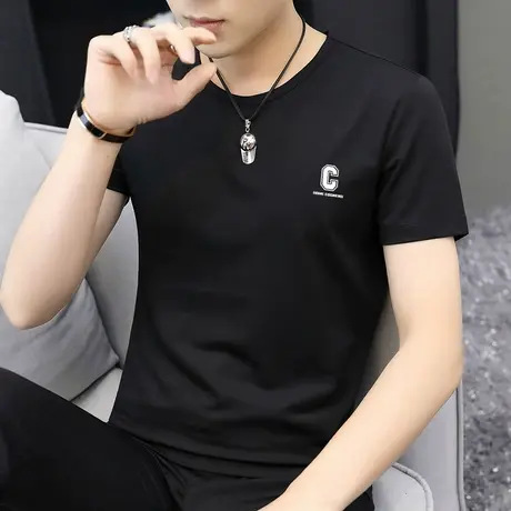 莫代尔短袖t恤男潮牌潮流冰丝冰感上衣服夏季黑色半袖男修身百搭商品大图