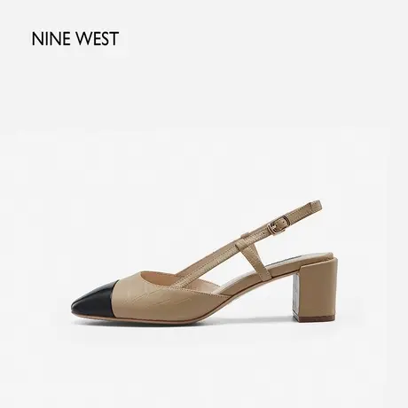 Nine West/玖熙粗高跟凉鞋女2023年夏季新款羊皮拼色包头后空女鞋商品大图