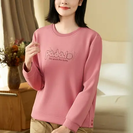 女士圆领正肩卫衣春秋季时尚洋气中年妈妈装上衣服百搭长袖套头衫商品大图
