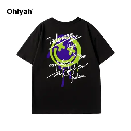 Ohlyah短袖t恤女黑色2023夏季新潮牌宽松港风印花原宿半袖上衣潮图片