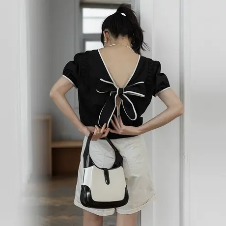 omont蛋挞家 复古蝴蝶结系带泡泡袖雪纺衫女夏季短袖洋气小衫上衣商品大图