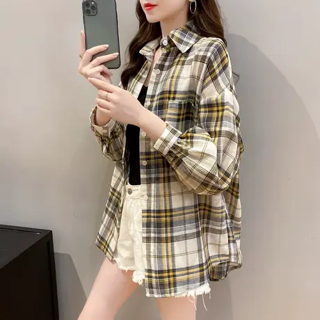 格子衬衫女韩版宽松2023女装新款衬衣设计感小众长袖春秋上衣外套图片