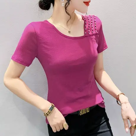 2023夏装新款网纱斜领T恤女短袖性感修身上衣别致洋气钉珠小衫潮商品大图