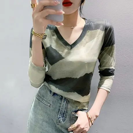 时尚晕染印花T恤女长袖夏装气质薄款网纱防晒上衣性感修身小衫潮商品大图