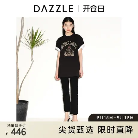 DAZZLE地素奥莱 春夏复古通勤圆领航海刺绣印花黑色短袖T恤女图片