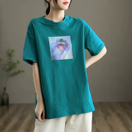 dza文艺复古圆领纯棉t恤女士洋气内搭上衣新款夏季短款打底衫百搭商品大图