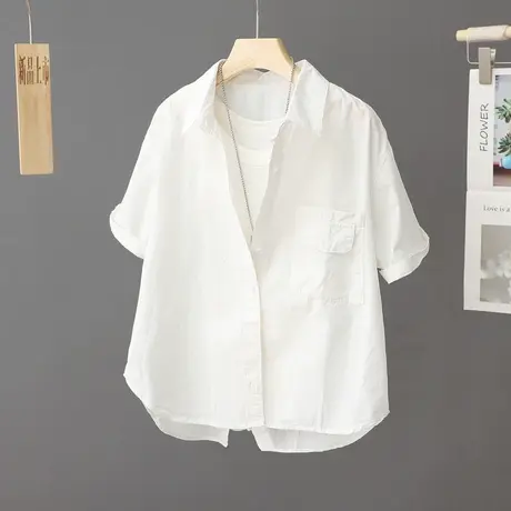 2023夏季新款纯棉短袖衬衫外套女上衣小个子短款小衫薄款衬衣开衫商品大图