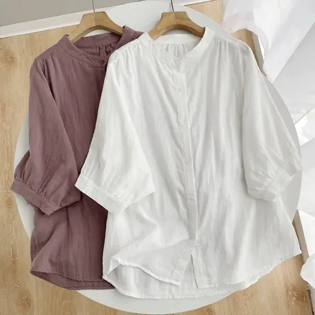 夏季韩版双层棉纱蝙蝠纯色七分袖衬衫女宽松简约休闲文艺中袖衬衣图片