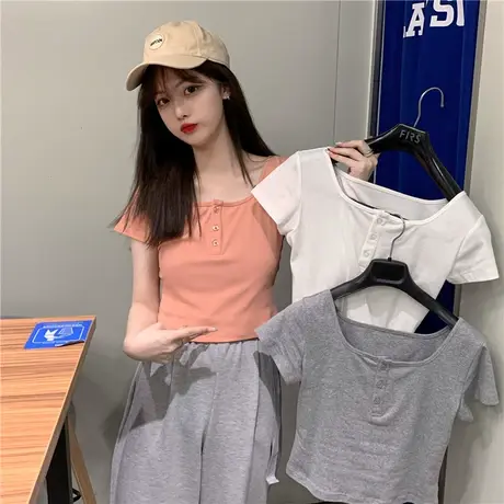 短袖2023年新款女上衣超短款配高腰裤夏纽扣大方领设计感小众t恤商品大图