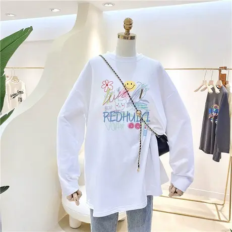 韩版纯棉长袖T恤女2022春秋装韩版磨毛中长款下衣失踪打底上衣潮商品大图